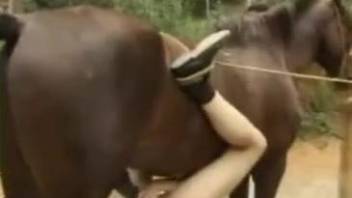 Tight woman drives whole horse penis into her wet pussy