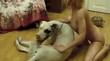 Sexy mature blonde and big white dog relax together on floor