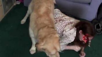 Redheaded lady getting banged brutally by a dog