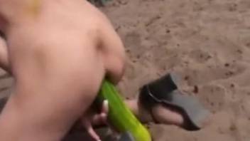 Zucchini-riding hottie gets to cum with a horse cock