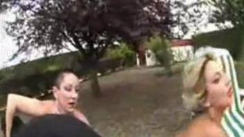 Blond-haired beauty gets fucked by a dog outdoors