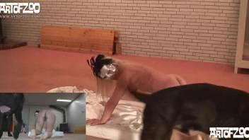 Sexy blonde in a mask enjoying hardcore doggystyle sex