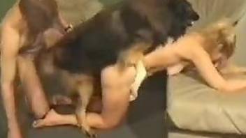 Blond-haired chick gets gaped by a dog as her hubby watches