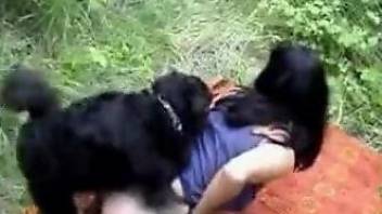 Passionate outdoor fuck scene with a brunette and her dog