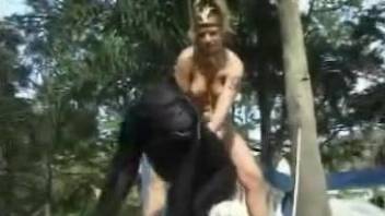 Latina blonde tries to seduce a sexy-looking ape